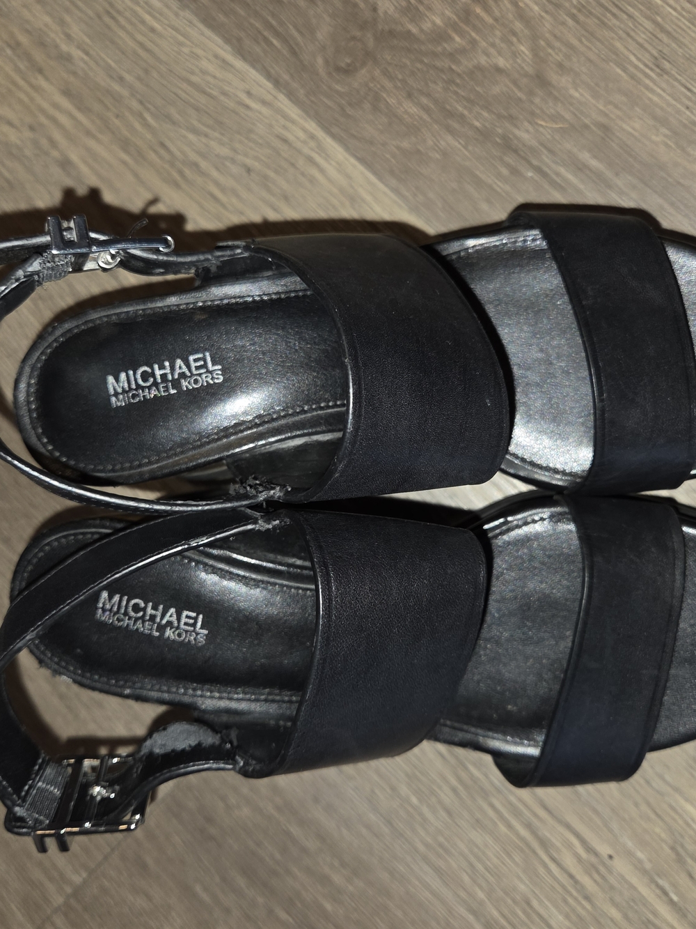 Michael Kors Rhett Black Leather Faux-Wood Wedge Sandals - Size 6